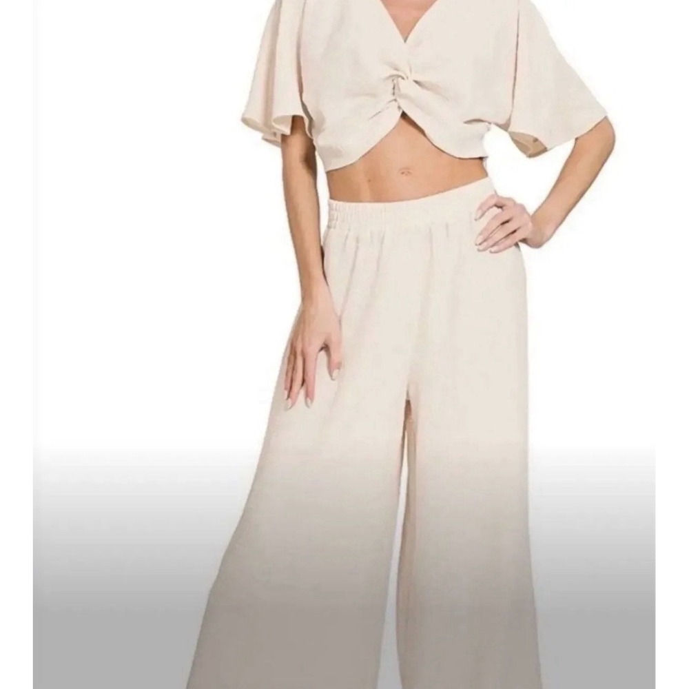 Zenana Woven Airflow cream 2-Piece Twist Front Crop Top Wide-Leg Pants Set M